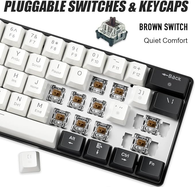 abucow 60% Mechanical Gaming Keyboard Brown Switch Wired Compact Keyboard Anti-Ghosting No-Conflict 61 Swappable keycaps Ergonomic Design for Windows/Mac