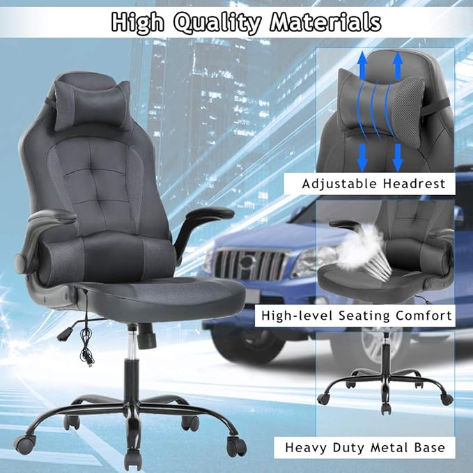 Massage Gaming Chair Ergonomic Office Chair High Back Desk Chair PU Leather Executive Chair with Lumbar Support Headrest Armrest PC Racing Computer Chair Task Rolling Swivel Chair Gery