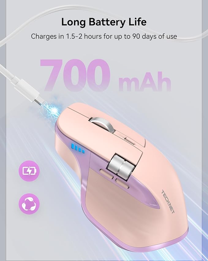 TECKNET Wireless Mouse Bluetooth Mouse (BT5.3/5.0 &amp 2.4G) Rechargeable Ergonomic Optical Mouse with 6 Adjustable DPI Side Scroll USB A Receiver 7 Buttons Wide Compatibility - Pink &amp Purpl