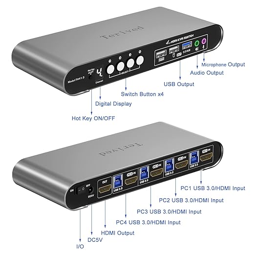 HDMI KVM Switch 4 in 1 Out with Hotkey Mouse Switching Audio Mic Support 4K@60Hz USB 3.0 Hub Digital Display Terived Aluminum KVM with Cables Included