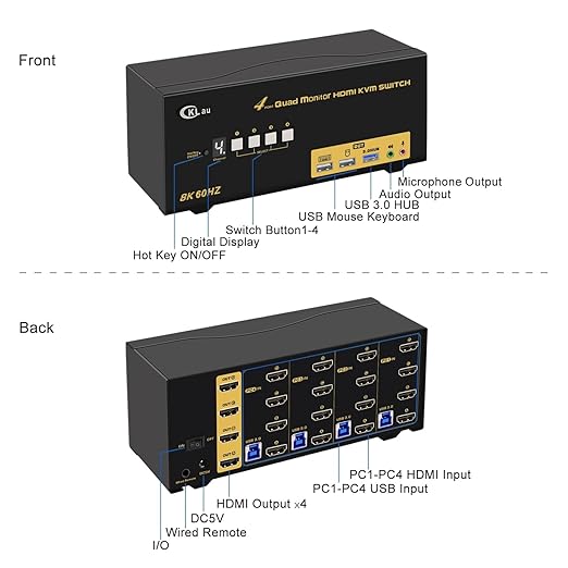 CKLau 4x4 Quad Monitor KVM Switch 4 Monitors 4 Computers with Cables Audio Microphone USB 3.0 Hub Supports 8K@60Hz 4K@144Hz Emulation EDID Hotkey Switching HDMI 2.1