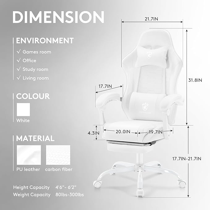 White Gaming ChairComputer Office Chair with FootrestMassage Lumbar Support and Gel PadErgonomic Reclining Adjustable Leather Gamer Chair with Headrest and Spring Cushion White