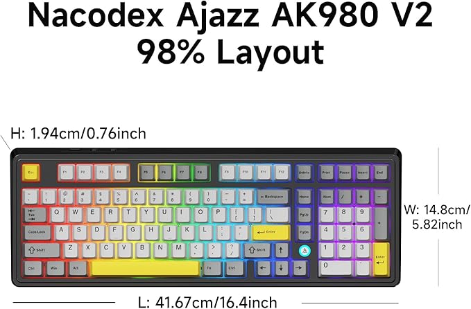 NACODEX Ajazz AK980 Grey Yellow Wireless Mechanical Gaming KeyboardTri-Mode BT5.0/2.4GHz/USB-C Hot Swappable Custom Keyboard RGB Backlit Computer Gaming Keyboards for PC/Tablet/PS/Xbox