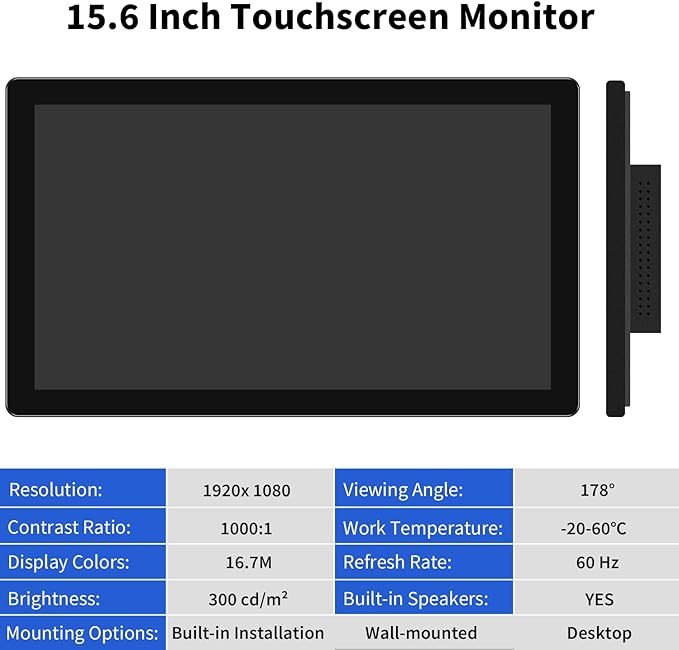 Touchscreen Monitor 15.6 Inch 10-Points Touch Industrial Monitor 1920 * 1080 FHD HDMIVGA&amp USB Embedded Touch Screen Monitor for Device POI/POS/Kiosk/Automation Built-in Speakers VESA