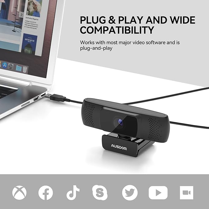 AUSDOM AF640 1080P Webcam with Microphone 90°FOV USB PC Camera Webcam with Privacy Cover Plug and Play Computer Camera for Online Calling/Conferencing Zoom/Skype/YouTube Laptop/PC