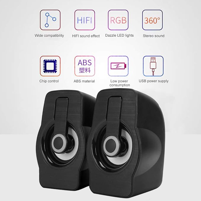 Computer Speakers for Desktop Pc Stereo Speakers Ft-185 Mini USB LED Speaker Portable Loudspeaker Music Player for Desktop Laptop (Classic Black)