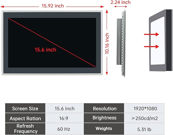 15.6-Inch Industrial Touch Screen Monitor Ratio 16:9 Embedded PCAP Touchscreen Monitors | 10-Point Touch | No Drive Plug and Play | IP65 Front | HD-MI VGA USB Port