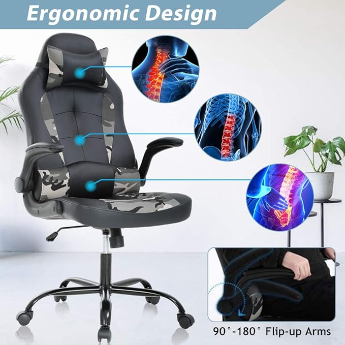 Gaming Chair High Back Home Office Chair Ergonomic PC Racing Chairs with Flip-up Arms PU Leather Computer Chairs Adjustable Height Swivel Executive Black &amp Camo