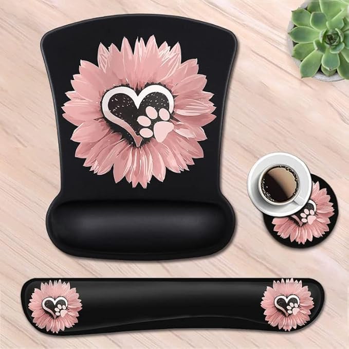 Mouse Pad with Wrist Support Ergonomic Gel Mouse Pad Memory Foam Keyboard Wrist Restfor Office Typing Games Desktop Decoration Sunflower and Dog Paw Print Pet and Pink Flowers