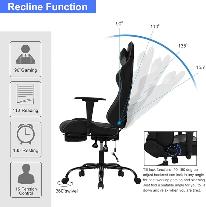Gaming Chair with Massage &amp Footrest - Ergonomic Racing Office Chair for Adults Women Gamers - Adjustable Reclining PC Gaming and Home Office Desk Chair with Lumbar Support Grey