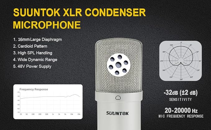 XLR Condenser Microphone Recording Microphone for PC Computer Home Studio Cardioid Podcast Mic Kit for Streaming ASMR YouTube Voice-Over Gaming Vocal (Silver)