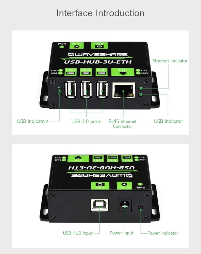 Waveshare Industrial Grade Multifunctional USB HUB Extending 3X USB Ports + 100M Ethernet Port Suitable for Industrial/Office Environments Requiring Higher Level Device Without Power Supply