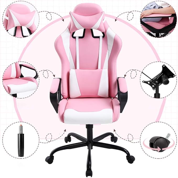 Pink Gaming Chair for Adults - High Back Ergonomic Office &amp PC Gaming Chair with Wheels Reclining &amp Adjustable Headrest &amp Lumbar Support