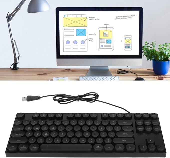 Yunseity 87 Keys Typewriter Mechanical Gaming Keyboard Colorful Backlit Retro Punk Round Keycaps Keyboard Anti Ghosting Hot Swap USB Wired Keyboards for Gamers Typists (Black)