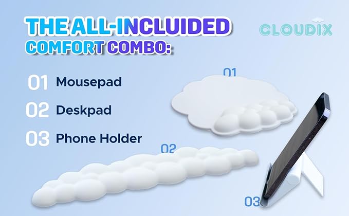 CLOUDIX - Cloud Keyboard Wrist Rest. Set Mouse Pad Phone Holder Tablet Holder Ergonomic Cloud Wrist Pad with Memory Foam Non-Slip Base for Typing Pain Relief Home Office Laptop Gaming (Pink)