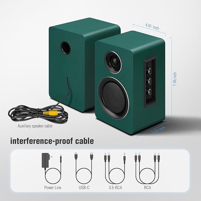 Computer Speakers for Desktop PC Active Bookshelf Speaker with 3‘’ Carbon Fiber Woofer and Silk Film Tweeter Supports Bluetooth 5.3 USB-C AUX/RCA Input for Record Player TV - Green Stereo Set