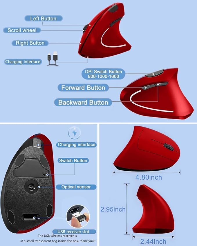 Ergonomic Mouse Vertical Wireless Mouse 2.4G Rechargeable Optical Vertical Mouse High Precision Optical Mouse Adjustable800/1200/1600 DPI 6 Buttons for Laptop etc RedSpecially for Right-handers
