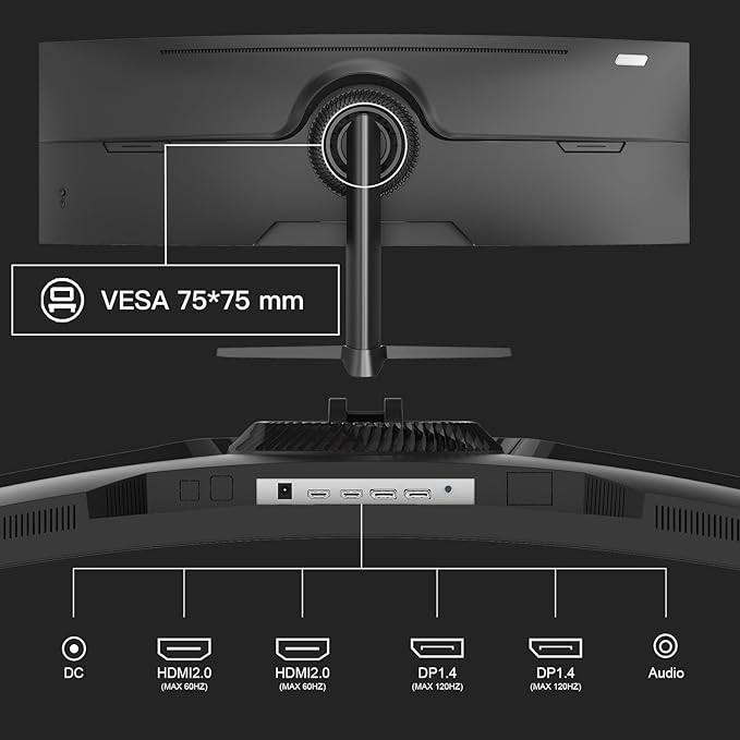 Amzfast 49 Inch Curved Monitor 120Hz DQHD 5120x1440p Ultrawide Gaming Monitor 120% sRGB 1500R 1ms MPRT HDR Adaptive Sync PIP/PBP Height Adjustable HDMI 2.0/DP 1.4 VESA 75x75 AMZG49C7U