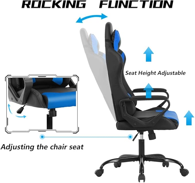 Racing Style Gaming Chair Office Chair High Back Computer Chair Leather Desk Chair Ergonomic Executive Chair Adjustable Video Game Chair Swivel Task Chair w/Headrest and Massage Lumbar Support Blue