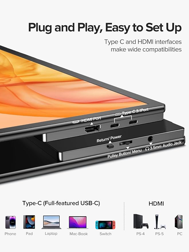 Portable Monitor 21.5 inch 120hz for Laptop FHD 1080P Portable Gaming Monitor w/VESA Stand HDR Speakers USB C Mini HDMI for Phones PC Gaming Devices Travel Second Screen for Business