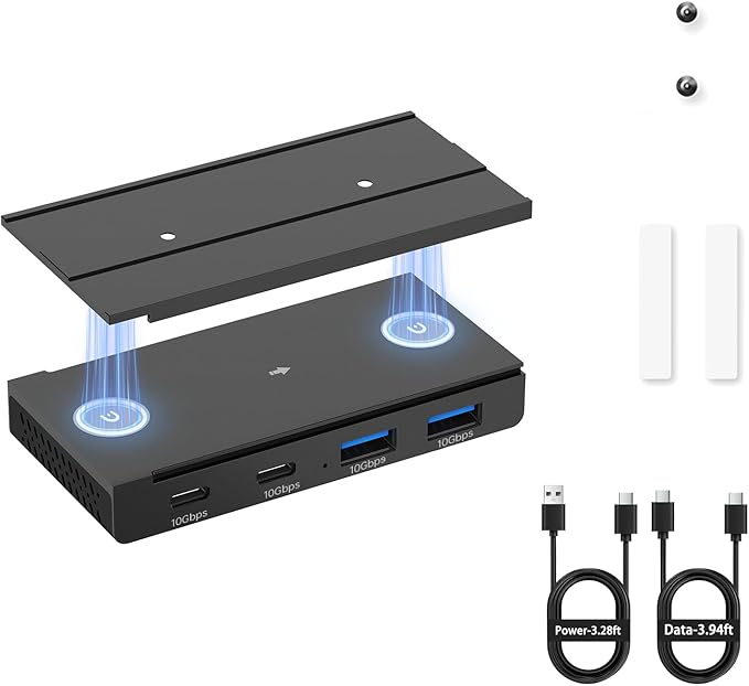 EJAY 10Gbps Magnetic USB-C Hub 4-Port Gen2 Aluminum USB Splitter with Industrial Strength Magnetic Mount 3-Way Installation 47 &amp 39 Cables for MacBook/Laptop/Desktop Black