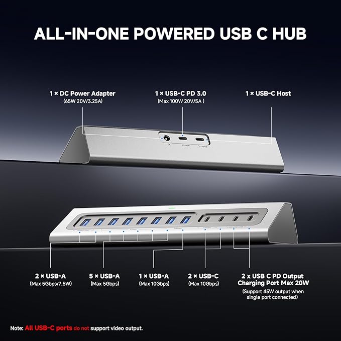 Gitfos Powered USB Hub13 in 1 USB 3.2 Hub USB C Hub with PD 100W USB C 45W Charging10Gbps Data 7 USB A 3.0 Ports 65W Power Adapter and 3.3FT Cable Aluminum USB Hub for PCLaptopMacBookiPad