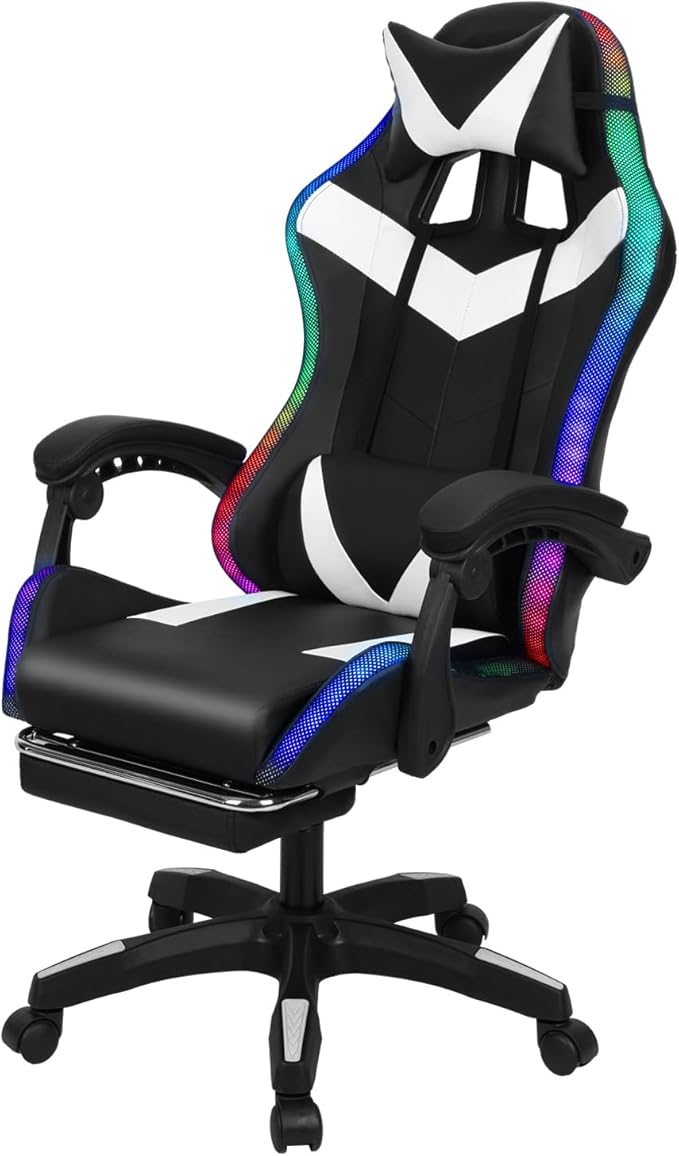 Gaming Chair with Speakers &amp LED Lights 397LBS Weight Capacity Ergonomic Video 135° Reclining 360° Swivel Computer Chair with Retractable Footrest for Office Gaming Study Red