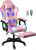 Ergonomic Gaming Chair with Footrest and Lumbar Support Video Gaming Chair with Speaker and LED Light Gaming Chair with Full Massage Function 90°-135° Tilting Computer Chair.Pink
