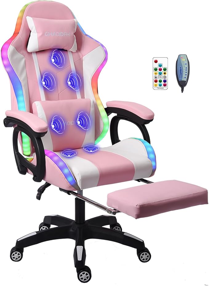 Ergonomic Gaming Chair with Footrest and Lumbar Support Video Gaming Chair with Speaker and LED Light Gaming Chair with Full Massage Function 90°-135° Tilting Computer Chair.Pink