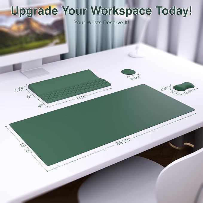 Ospelelf Keyboard Wrist Rest Stand Pad and Ergonomic Mouse Pad Set with Large Mousepad Memory Foam Comfort Premium Office Desk Accessories for Pain Relief Green