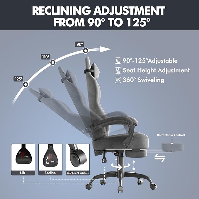 Soontrans Dark Grey Velvet Fabric Gaming Chairs with Footrest Ergonomic Comfortable Video Gamer Chair Reclining Office Computer Desk Game Chairs with Massage Lumbar CushionHeadrest for Adult