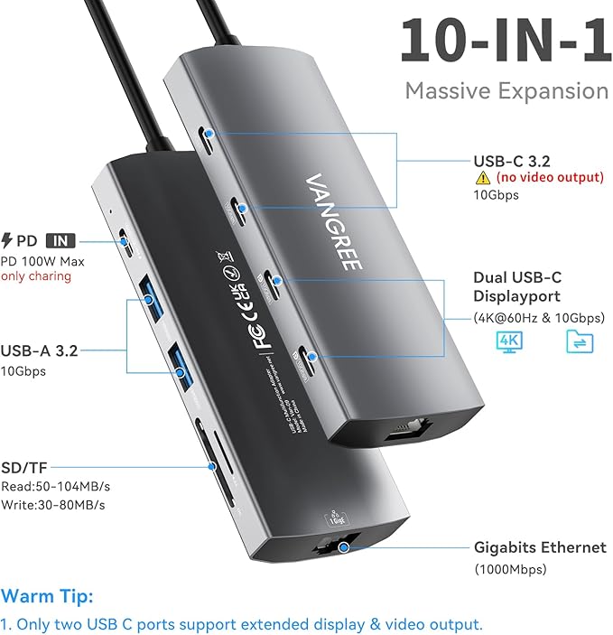 USB C Hub with Dual 4K@60Hz Displayports 2 USB-A &amp 2 USBC 3.2 10Gbps Ports 1Gbps Ethernet 100W PD SD/TF USB C Splitter Docking Station for MacBook Pro/Air iMac iPad Pro XPS Thinkpad Surf