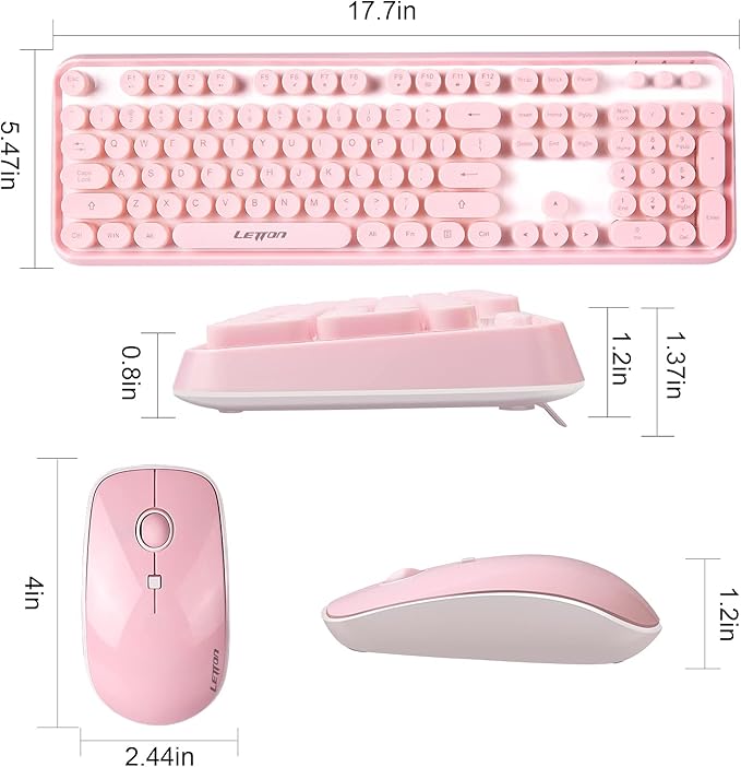 Pink Wireless Keyboard and Mouse Combo Retro Typewriter Style Cute Bubble Keyboard with Round Keycaps 2.4GHz Full Size Creamy Keyboard&ampMouse with 3 DPI for Long Nails for PC Laptop Desktop Compu