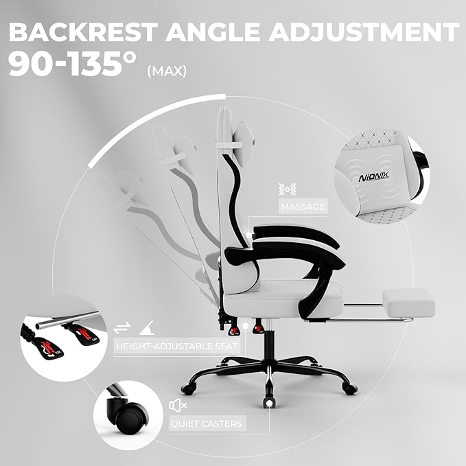 Gaming Chair with MassageErgonomic PC Gaming Chair Computer Chairs with Footrest Comfortable Headrest and Lumbar Support High Back WHITEBLACK