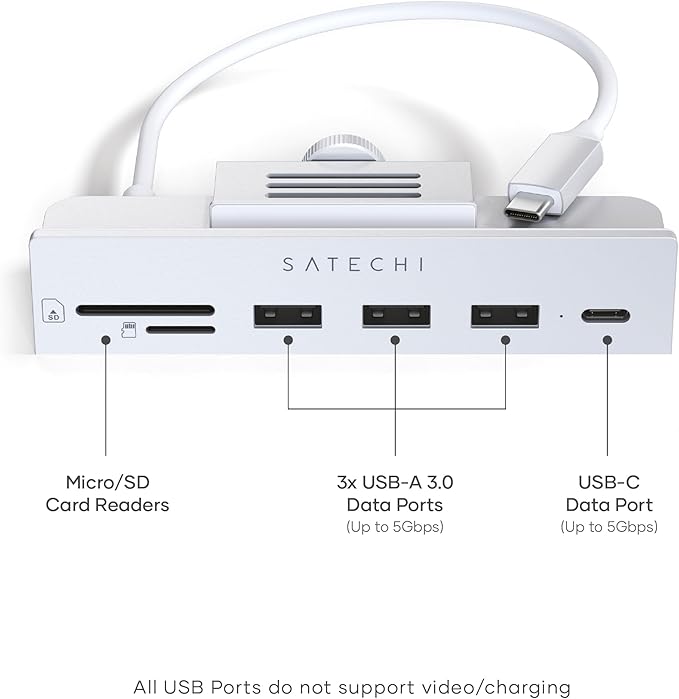 Satechi USB C Hub iMac USB Adapter USB C Data Port USB-A 3.0 Data Micro/SD Card Readers USB C Clamp Hub for iMac M4 Does Not Fit 2020 iMac &amp Earlier Models - Silver