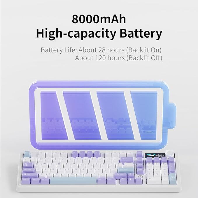 AK980 97Keys Tri-Mode Full Mechanical Keyboard Gasket-Mounted Hot-Swappable 1.14” TFT Smart Display Bluetooth 5.1/2.4G Wireless/Wired PBT Keycaps RGB Backlit (Purple Qingyun Tactile Switch)