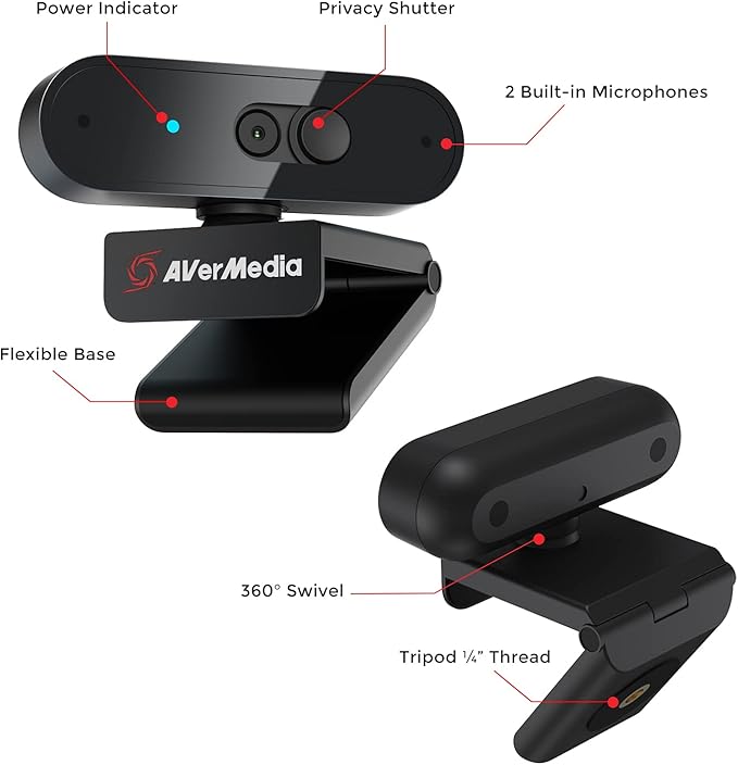 AVerMedia PW310P Webcam - Full 1080p 30fps HD Camera with Autofocus and Dual Stereo Microphones Work from Home Remote Learning - NDAA Compliant