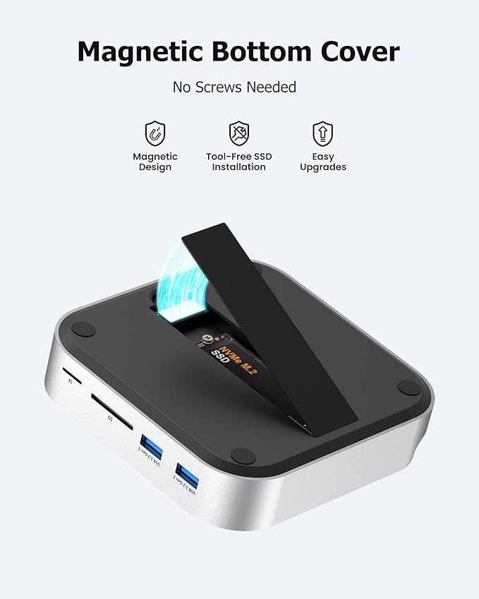 Mac mini Dock with NVMe SSD Enclosure USB-C Hub for Mac mini M4/M4 Pro with 2X USB-A 10Gbps 3X USB-A 5Gbps HDMI DP SD/TF Card Reader – Magnetic Cover Up to 8TB SSD Support