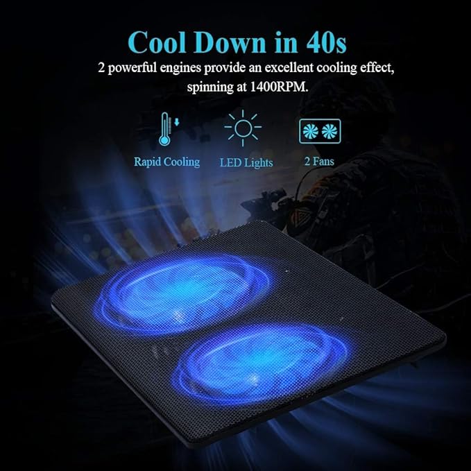 Fancial Laptop Cooling Pad with 2 Large Fans 2-in-1 USB Port Blue LED Light Adjustable Stand Compatible with 14-15-Inch Laptops Lightweight Quiet Slim Portable