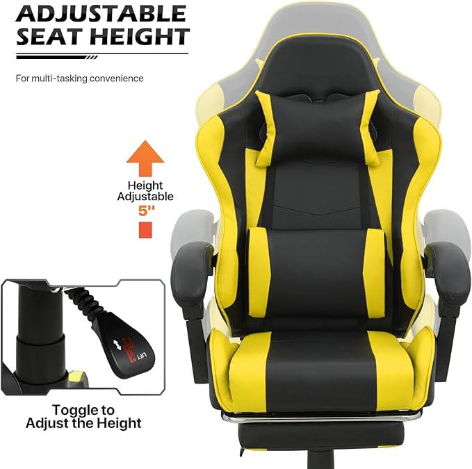 MoNiBloom Gaming Chair Office Chair Leather High Back Computer Chair with Headrest and Lumbar Support 360° Swivel Ergonomic Footrest Adjustable Gamer Chair for Adult Teen Home Office Using Yellow