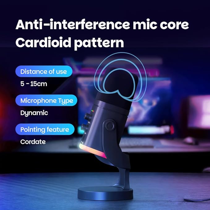 USB/XLR Desktop Dynamic Microphone with RGB Light Noise Reduction &amp Mute Button for Podcast Recording PC Computer Gaming Streaming Mic with RGB Light Mute Button Headphones Jack (Black)