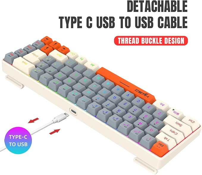 Docooler Wired Keyboard 68-Key RGB Gaming Keyboard 68 Keys Hot-Swap Compact Mechanical Keyboard Detachable Ty[e-C Keyboard for Gaming &amp Office Wired Computer Keyboard Ergonomic - Gray-White Ora