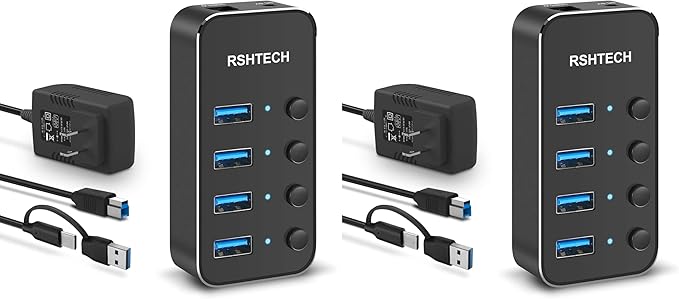 RSHTECH 4 Port Powered USB 3.0/USB C Hub Upgraded Version with 2-in-1 3.3ft USB Cable5V Power Adapter and Individual Switches Portable Aluminum USB Splitter for Laptop and PC RSH-ST04 (Pack of 2)
