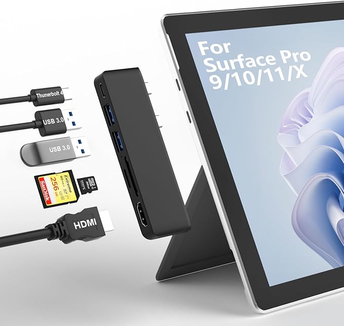 Surface Pro 9/10/11/X Accessories Surface Pro 9 Docking Station with 4K HDMI USB-C Thunerbolt 4 (Display+Data+PD Charging) 2 USB 3.0 SD/TF Card Reader for Surface Pro 9/Pro10/Pro11/ProX