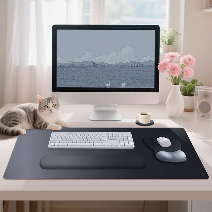 4-in-1 Large Gaming Mouse Pad Keyboard Wrist Rest Pad &amp Wrist Support Mousepad Set Extended Desk Pad Waterproof Desk Mat Protector for Home Office Decor Study Game 35.4×15.7 Inches Big I Black