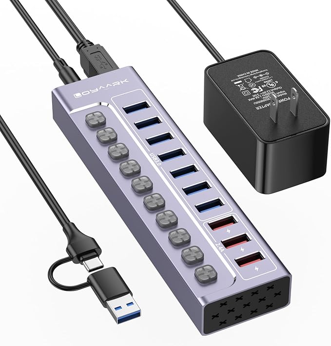 Powered USB 3.0 Hub 10-Port USB Hub Splitter with Individual Switches and Indicators 7 USB 3.0 Data Transfer Ports 3 2.4A Smart Charging Ports + 12V3A UL Listed Power Adapter