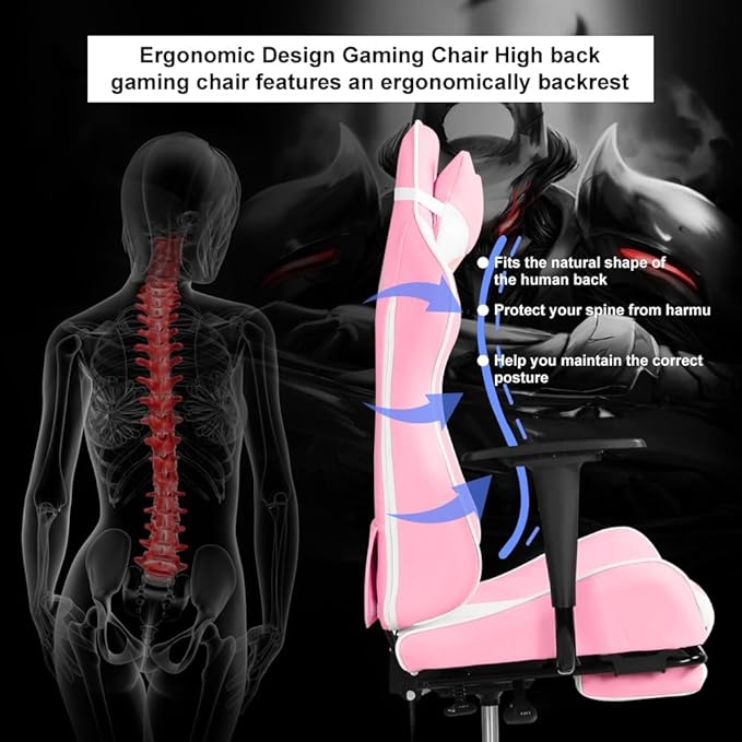 Gaming Chair with Massage &amp Footrest - Ergonomic Racing Office Chair for Adults Women Gamers - Adjustable Reclining PC Gaming and Home Office Desk Chair with Lumbar Support Pink