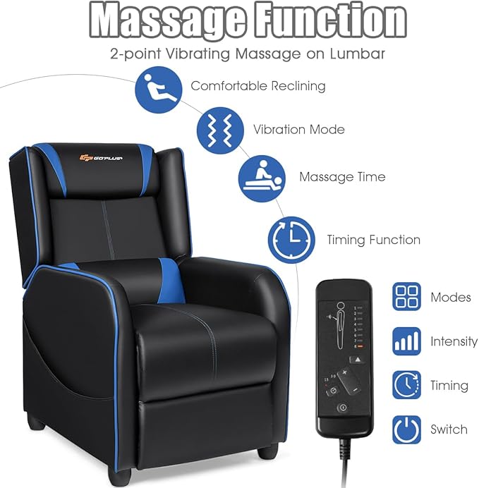 Goplus Massage Gaming Recliner Chair Racing Style PU Leather Single Recliner Sofa with Footrest Adjustable Modern Living Room Recliners Ergonomic Home Theater Recliner Seat (Blue)