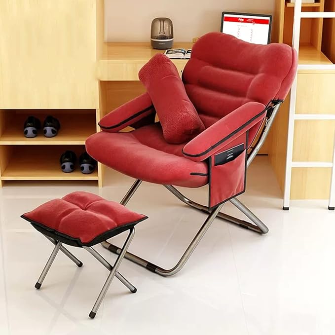 YCKEGEW Lazy Chair IndoorLounge Chair Living RoomFolding Armcharir with Footrests and PillowUpholstered Recliner SleeperReading Gaming Chair (Color : Red)