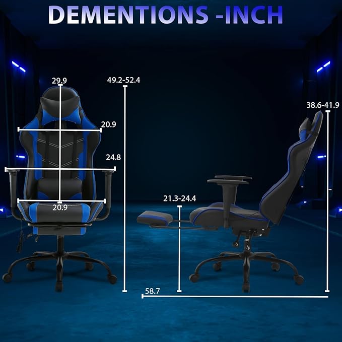 Gaming Chair With Footrest and Massage Lumbar Support Height Adjustable High Back Reclining Computer Chair for Adults - 360-Swivel Blue
